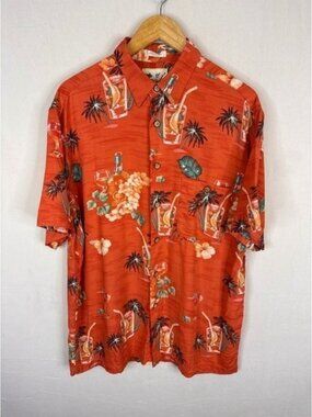 Ron Chereskin Mens Hawaiian Shirt Large Orange Tropical Cocktail Palm Tree Rayon